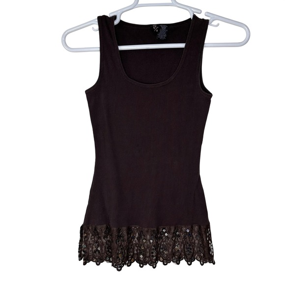 L8teR Tops - L8er Clothing Layer Tank Top Women Medium Brown Ribbed Lace Sequin Brown Y2K